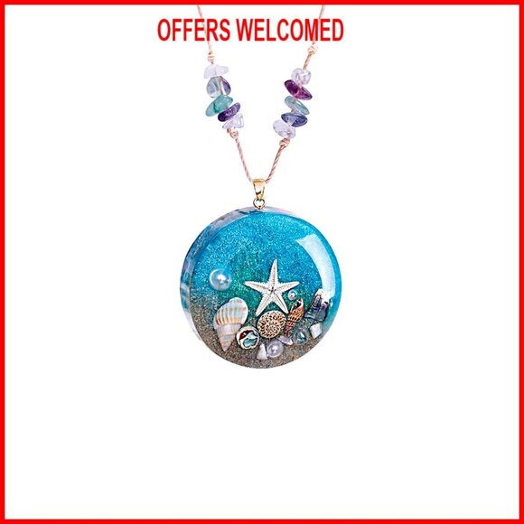 Jewelry - Ocean Theme Resin Pendant Necklace Starfish Seashell Adjustable Chain Boho Chic